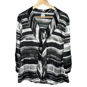 Fred David striped tie neck black gray white career blouse Sz M